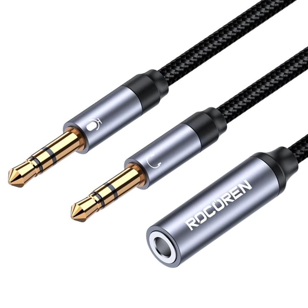 Jack chia tai nghe 3.5mm Rocoren (1 đầu cái chia ra 2 đầu đực Mic và Audio)