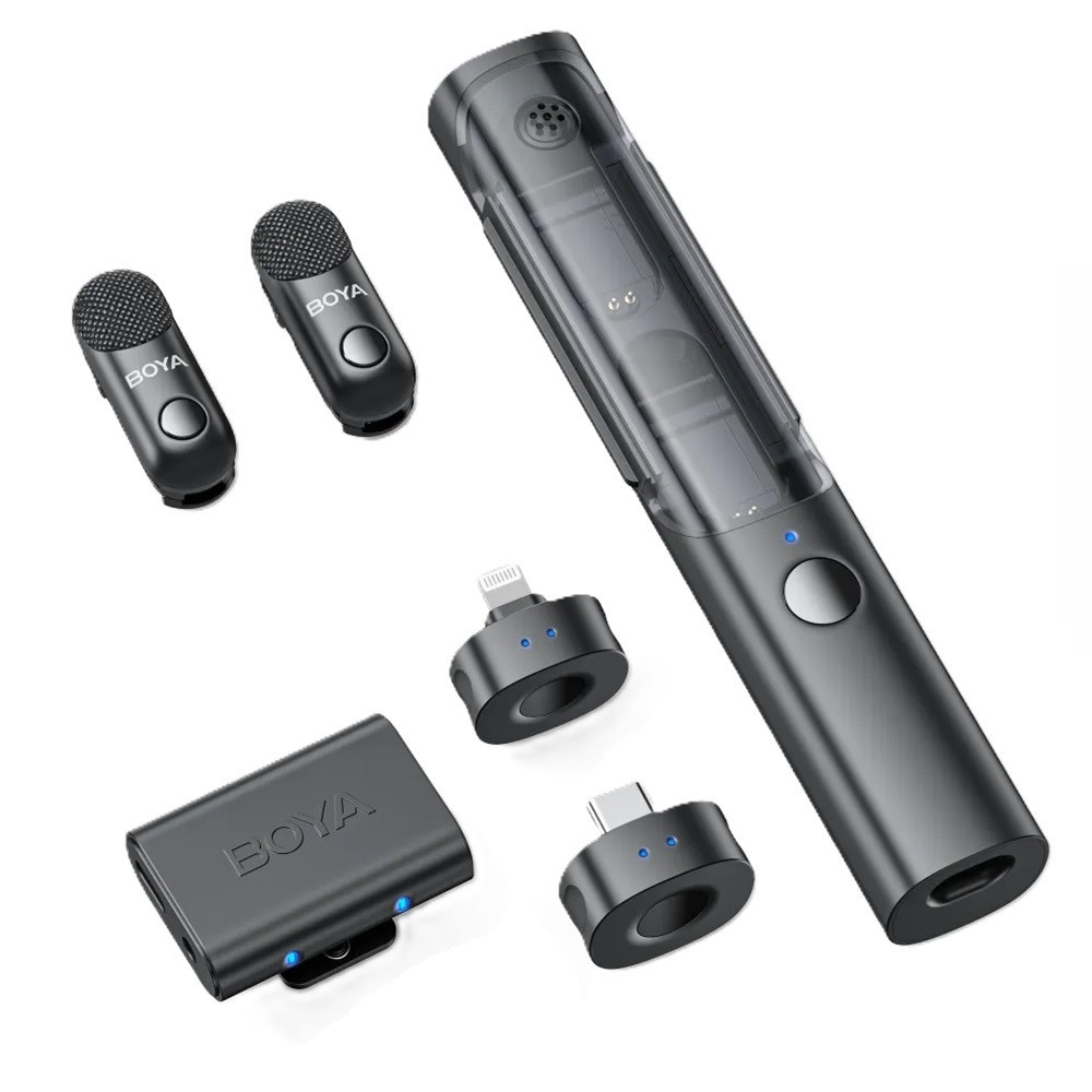 Micro không dây cài áo BOYA Magic-02 (Mic đôi | Adapter Type-C/Lightning | Adapter Máy Ảnh | Pin 6h | Noise Cancellation Gen3 - Ai)